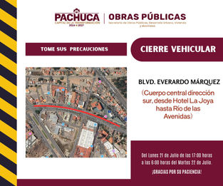 A partir de este lunes se cierra de forma temporal la circulación vehicular sobre el bulevar Everardo Márquez.