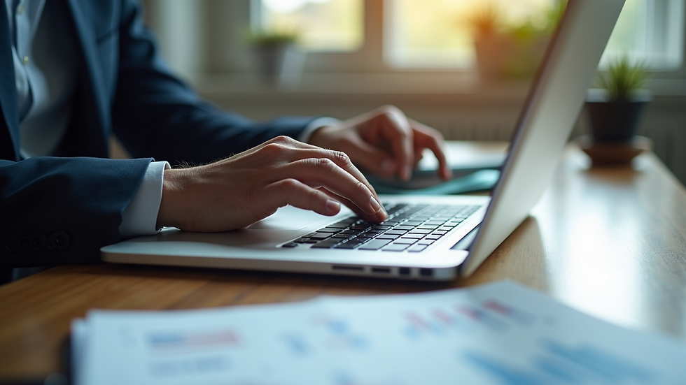 Close-up view of a business owner reviewing payroll reports on a laptop
