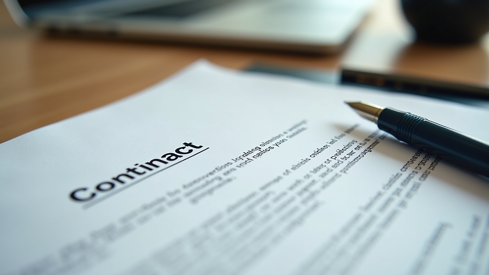 Close-up view of a business contract and pen on a wooden desk