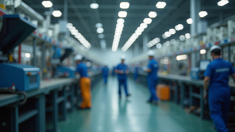 Eye-level view of a modern manufacturing plant with machinery and workers