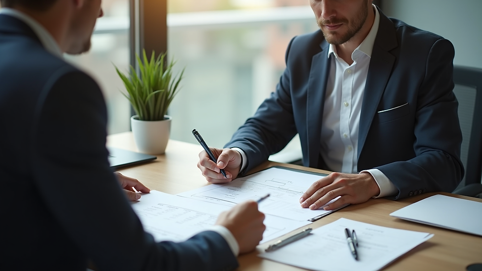 High angle view of a business owner reviewing documents with a consultant