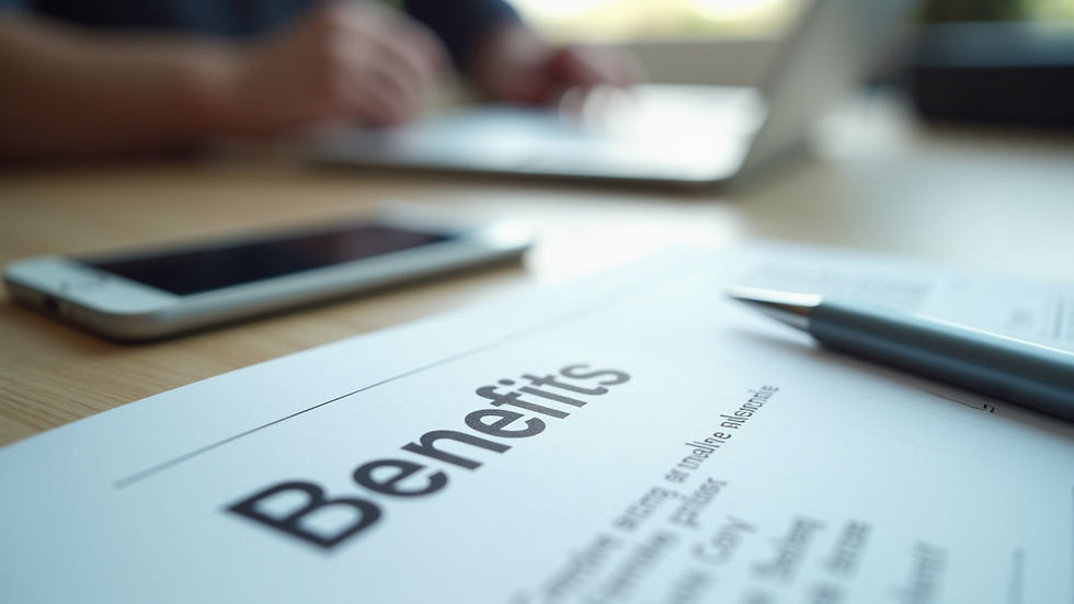 Close-up view of a benefits brochure on a desk with a pen
