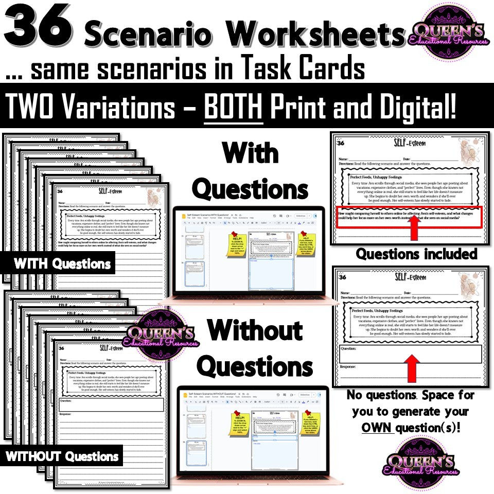 Thumbnail: Self-Esteem Lesson and Activities | Self-Esteem Scenarios | Confidence Worksheet
