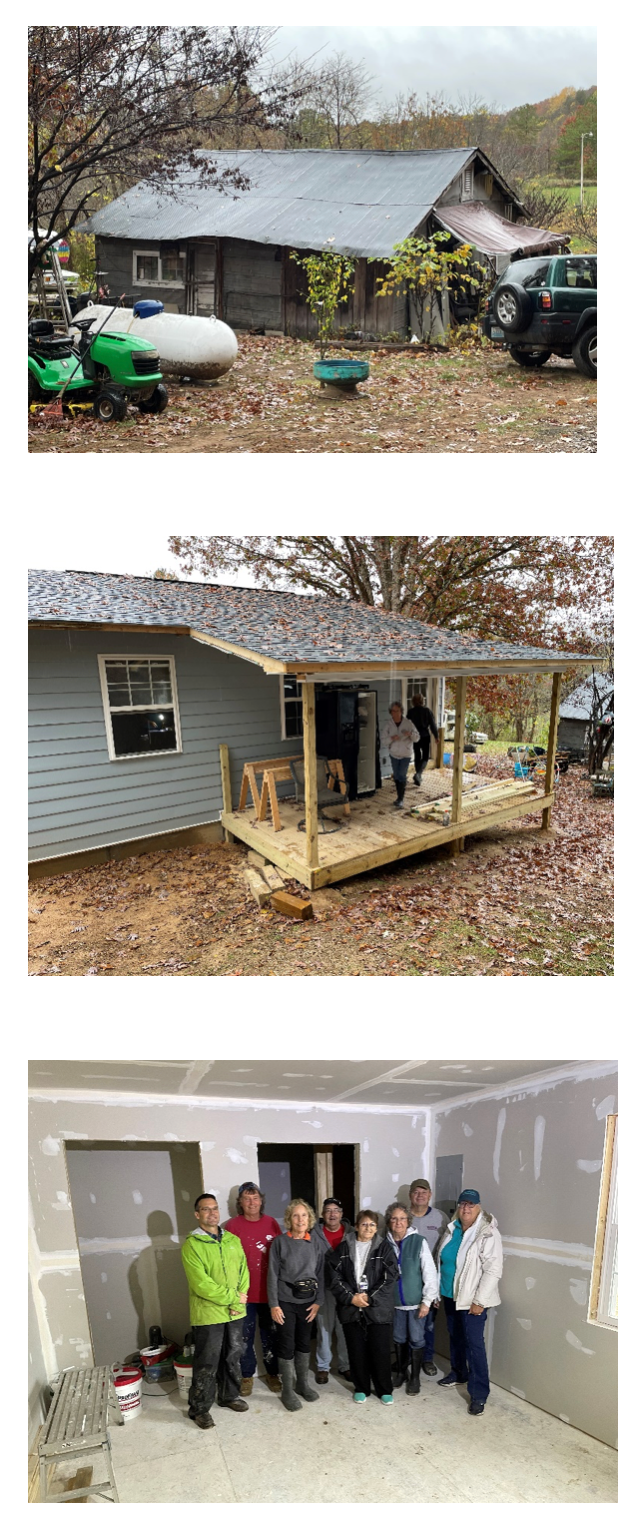 Three photos of Mission of Hope's work in Kentucky doing external work, adding a porch and a group of folks standing in front of a newly dry walled room