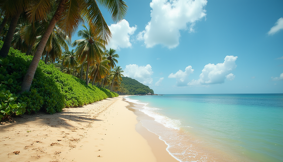 Wide angle view of a beachside cafe with laptops and palm trees