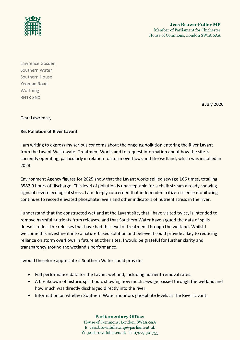 Jess Brown-Fuller MP Demands Transparency from Environment Agency over River Lavant Pollution 