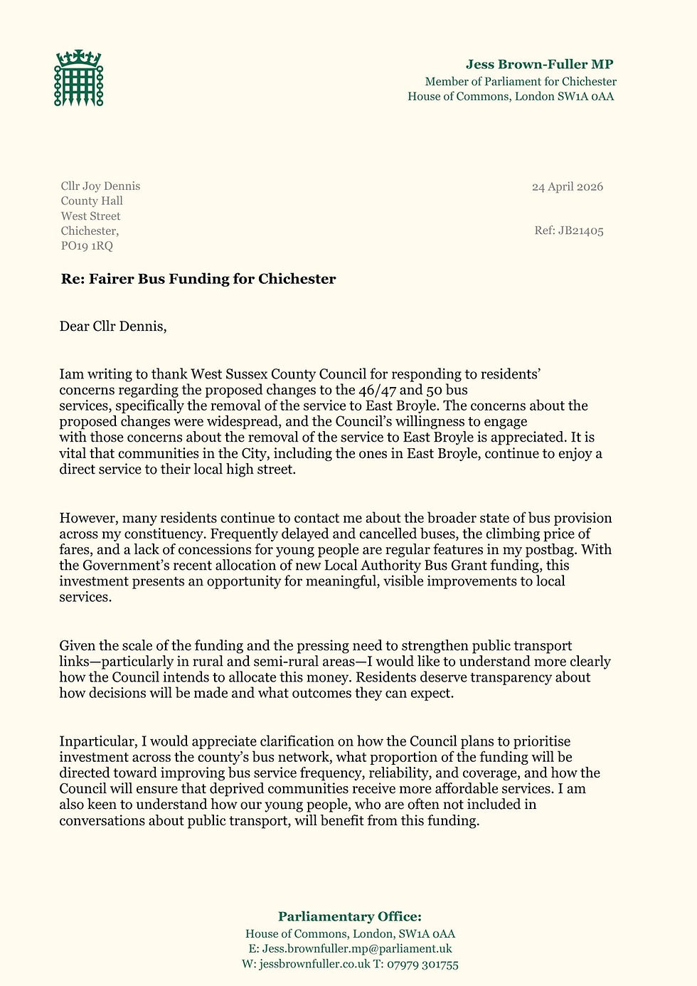 Jess Brown-Fuller's letter to West Sussex Conservative County Councillor and Cabinet member for Transport, Joy Dennis.