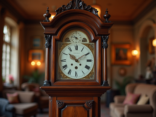 Eye-level view of a classic grandfather clock with intricate woodwork in a Plano home