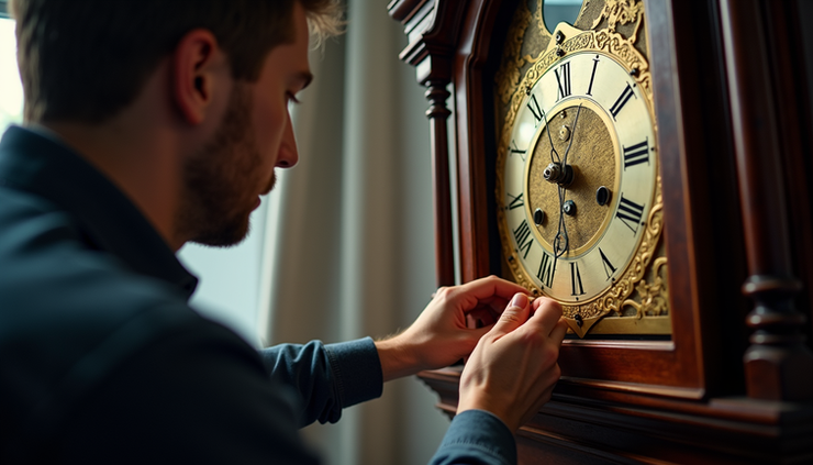 Eye-level view of a clock repair technician working on a grandfather clock