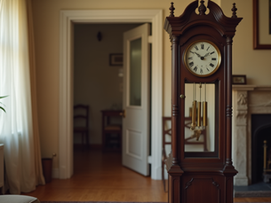 Eye-level view of a classic grandfather clock standing in a living room corner