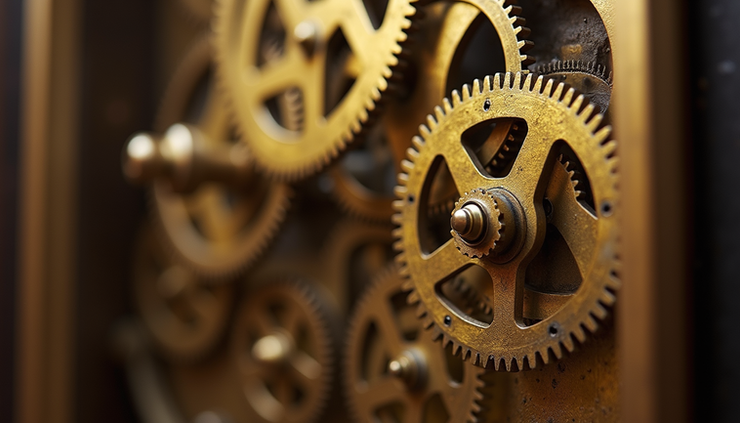 Close-up view of a grandfather clock’s gear train showing brass gears and pivots