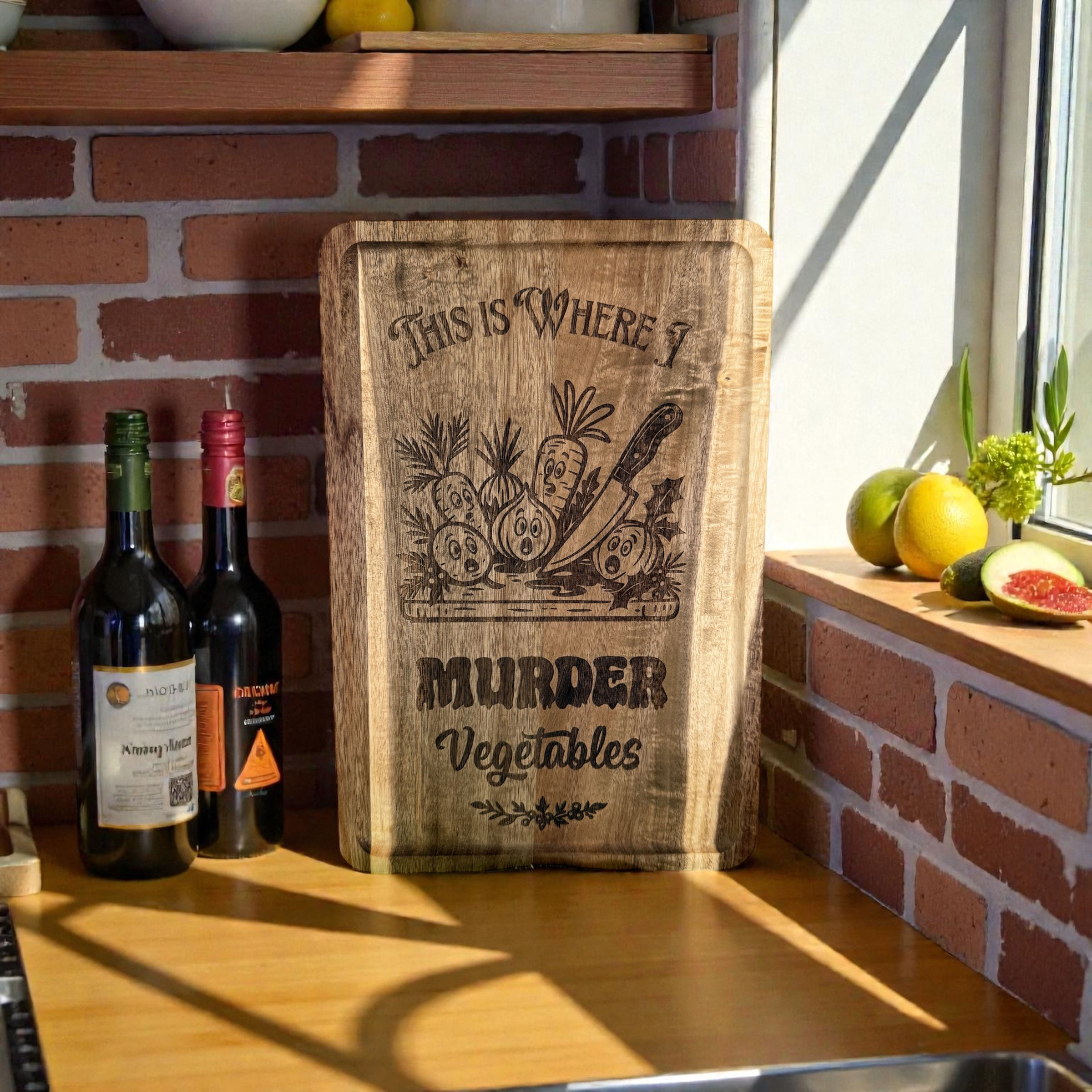Wooden cutting board with 'This is where I murder vegetables' text