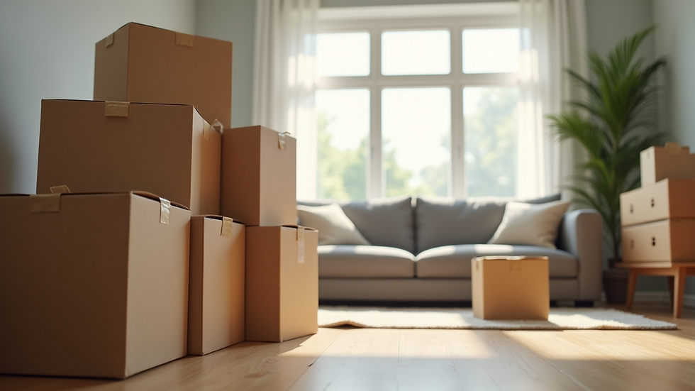 Eye-level view of moving boxes stacked in a spacious living room