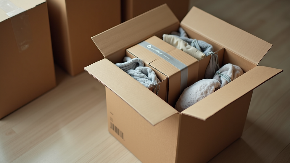 High angle view of fragile items packed securely in a moving box