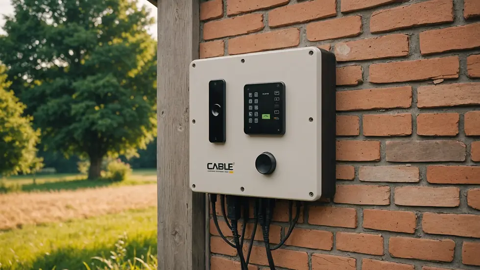 Eye-level view of a cable service box installed on the side of a rural home