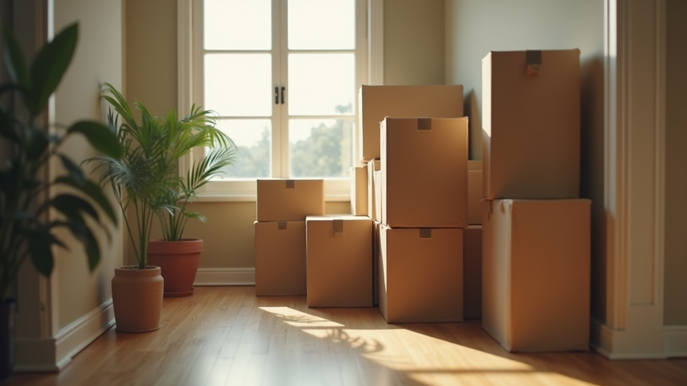 Eye-level view of moving boxes stacked in a corner