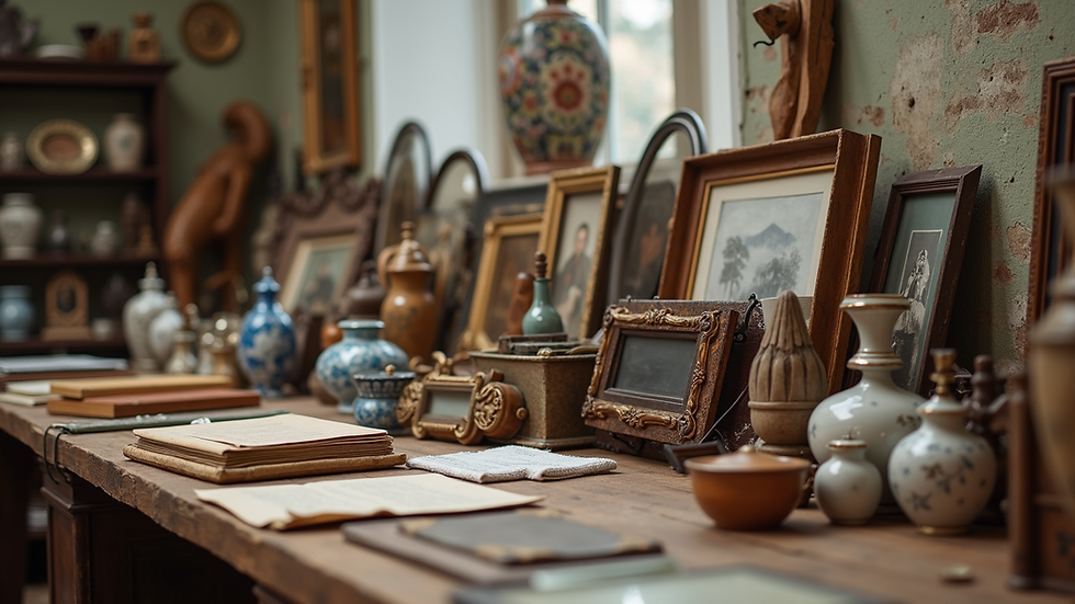 Eye-level view of a neatly organized estate sale table with antiques and collectibles