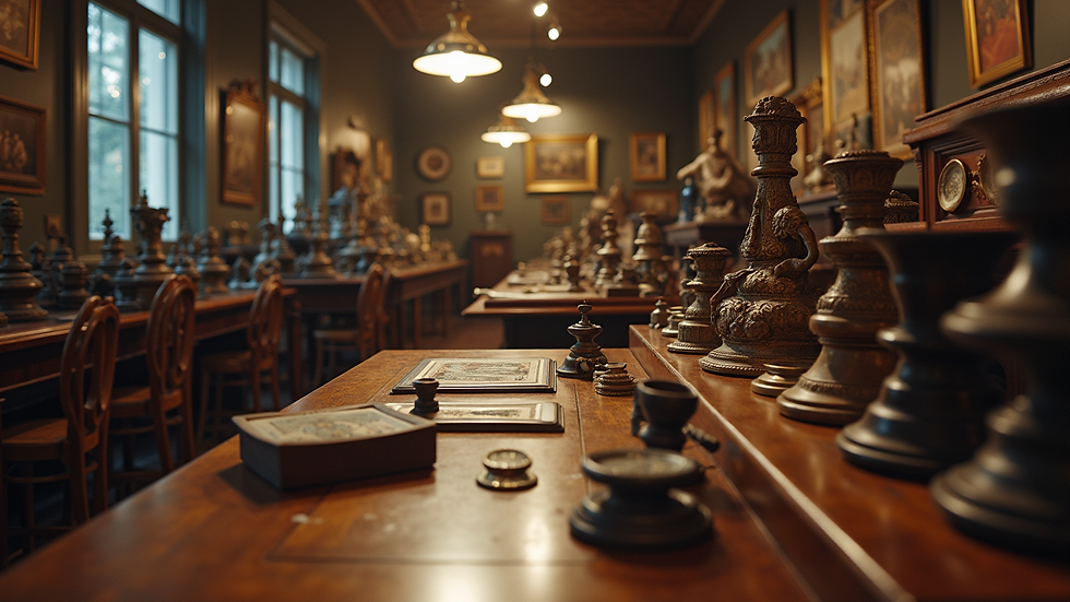 Eye-level view of auction room with antique items on display