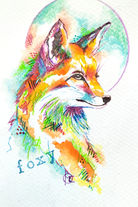 Renard dessiné aux crayons et à l'aquarelle, illustration figurative, œuvre unique.
