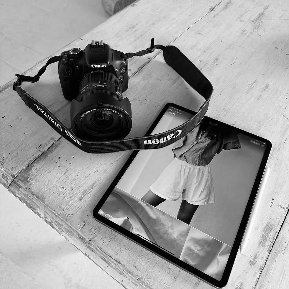 Camera and iPad with fashion images open on a table