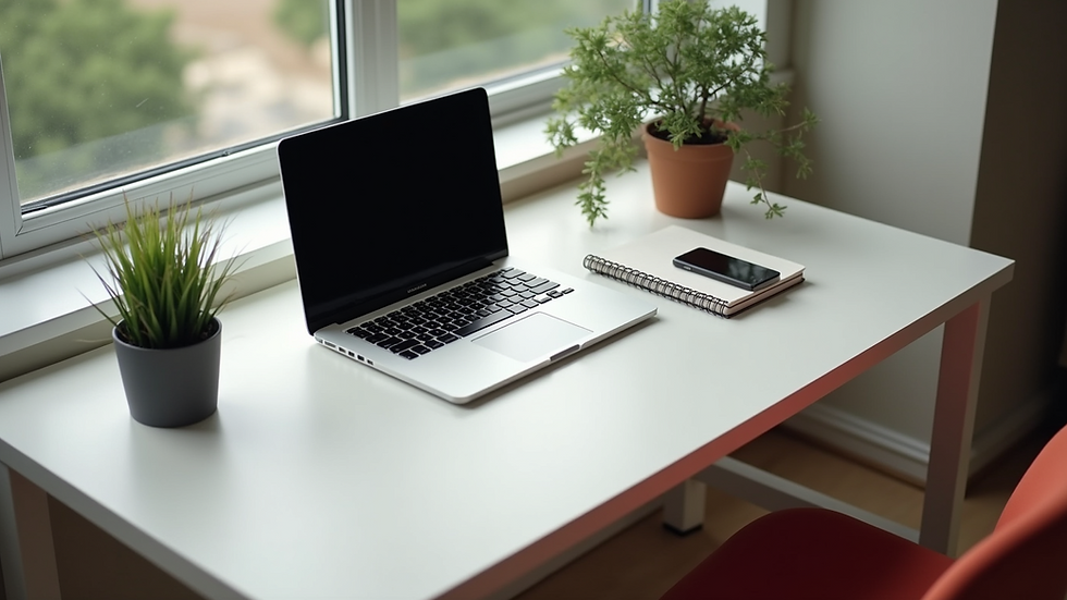 High angle view of a neat desk with a laptop, notebook, and a plant