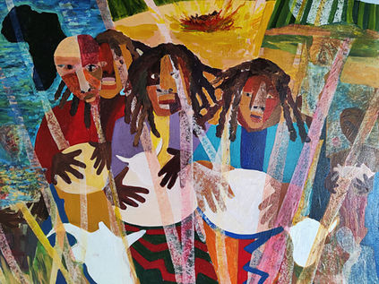Arlette St Hill Drum Makers Ceremony 2013 Acrylic Mixed Collage on Canvas. 30 X 36 inches.