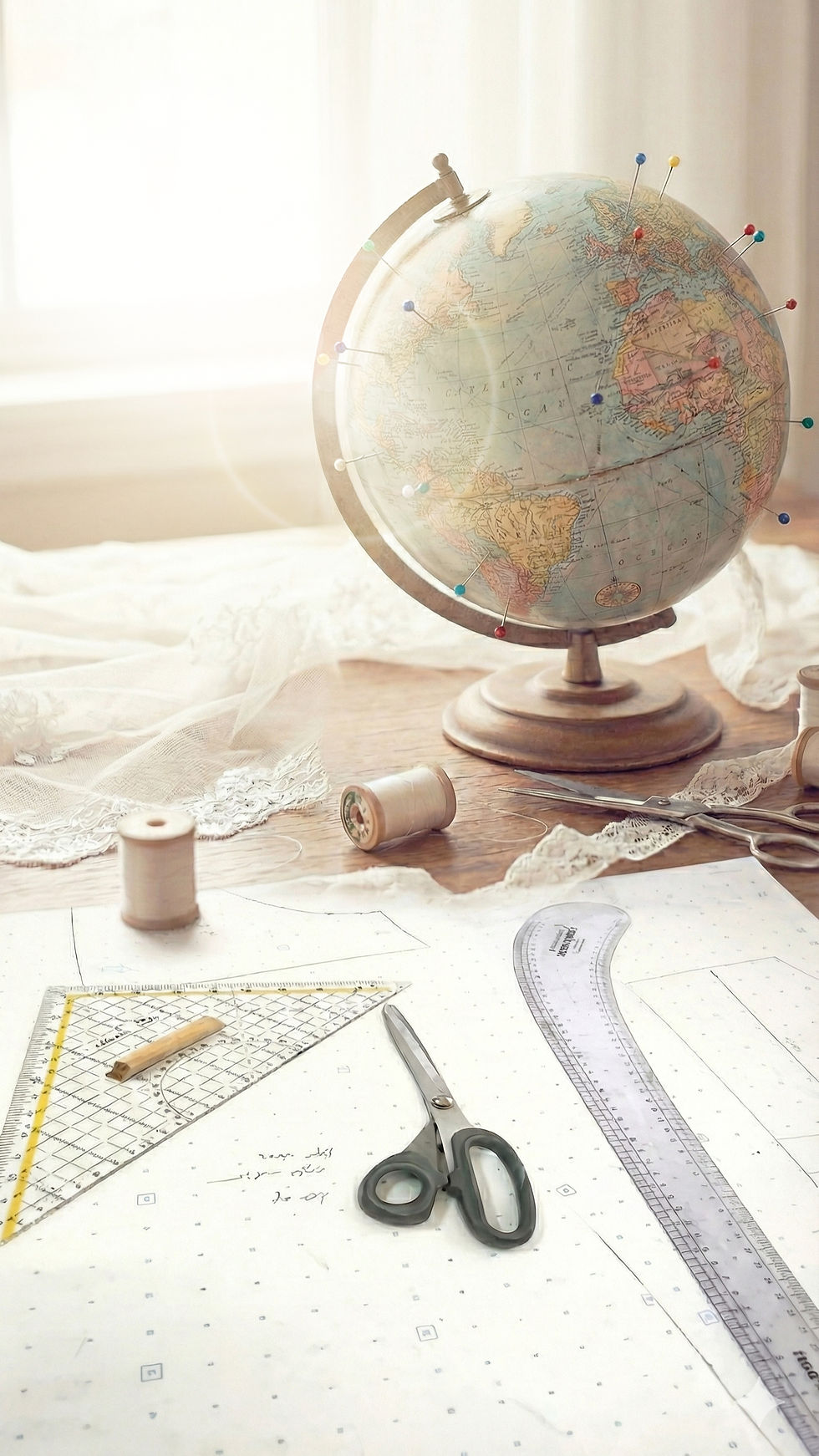 A globe with pins sits on a table with lace fabric, spools of thread, scissors, and rulers, conveying a vintage sewing vibe.Lace & love by Shany Ssson
Boho Wedding Dresses