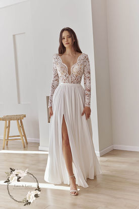 Long sleeve boho wedding dress with deep V-neckline, lace bodice and high slit - Lace & Love Brides