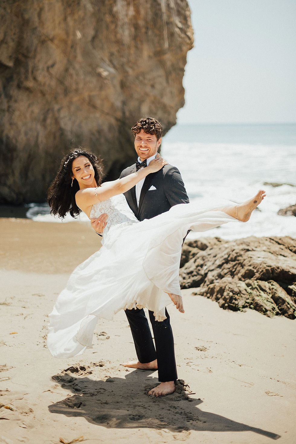 Thumbnail: Bride carried by groom on beach; Floor Length Romantic Wedding Veil Mysite