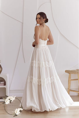 Boho wedding dress back view with low back design and tiered lace chiffon skirt - Lace & Love Brides