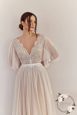 Boho wedding dress with flutter sleeves, lace bodice and polka dot tulle skirt - Lace & Love Brides