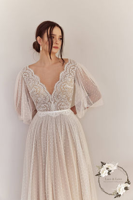 Boho wedding dress with flutter sleeves, lace bodice and polka dot tulle skirt - Lace & Love Brides