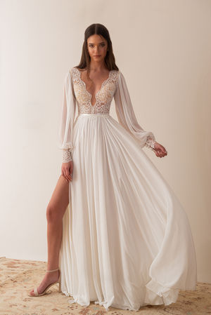 Boho wedding dress with balloon sleeves, deep V-neckline and high slit chiffon skirt - Lace & Love Brides