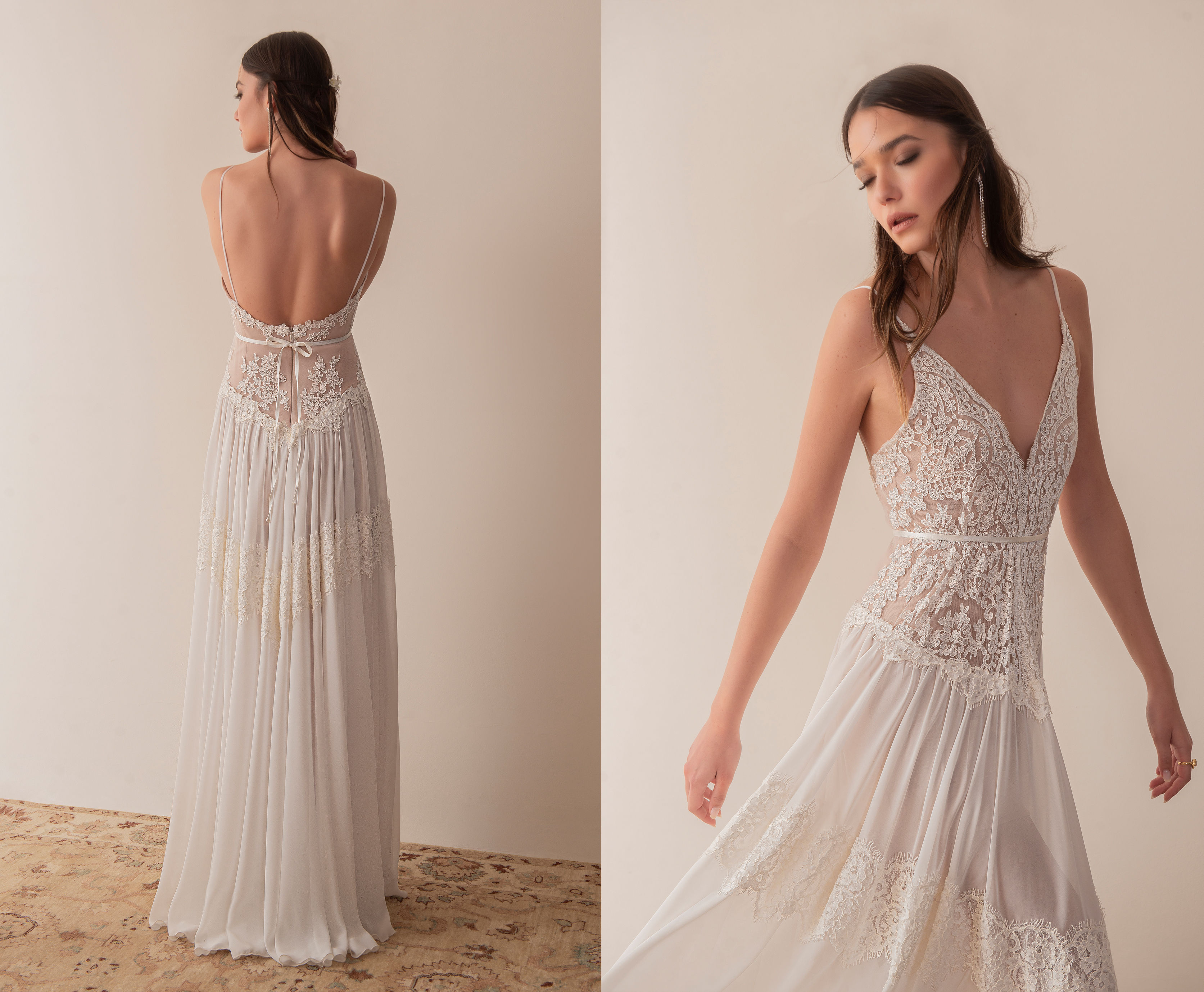 Boho wedding dress with spaghetti straps, deep V-neckline and tiered lace skirt - Lace & Love Brides