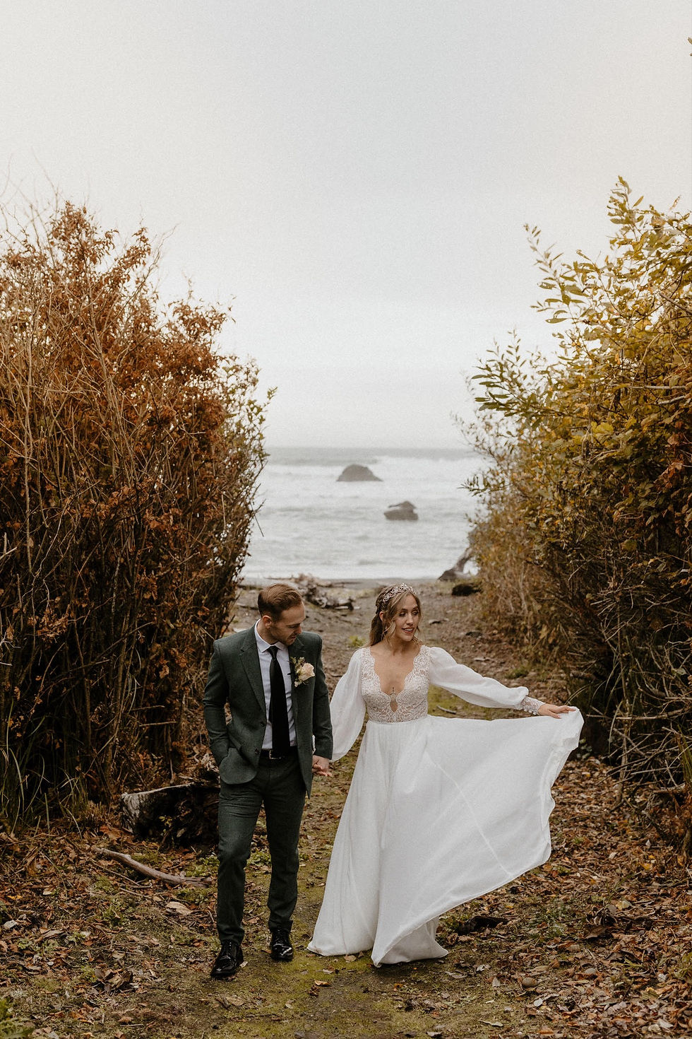 Thumbnail: Boho wedding dress with balloon sleeves, deep V-neckline and high slit chiffon skirt - Lace & Love Brides