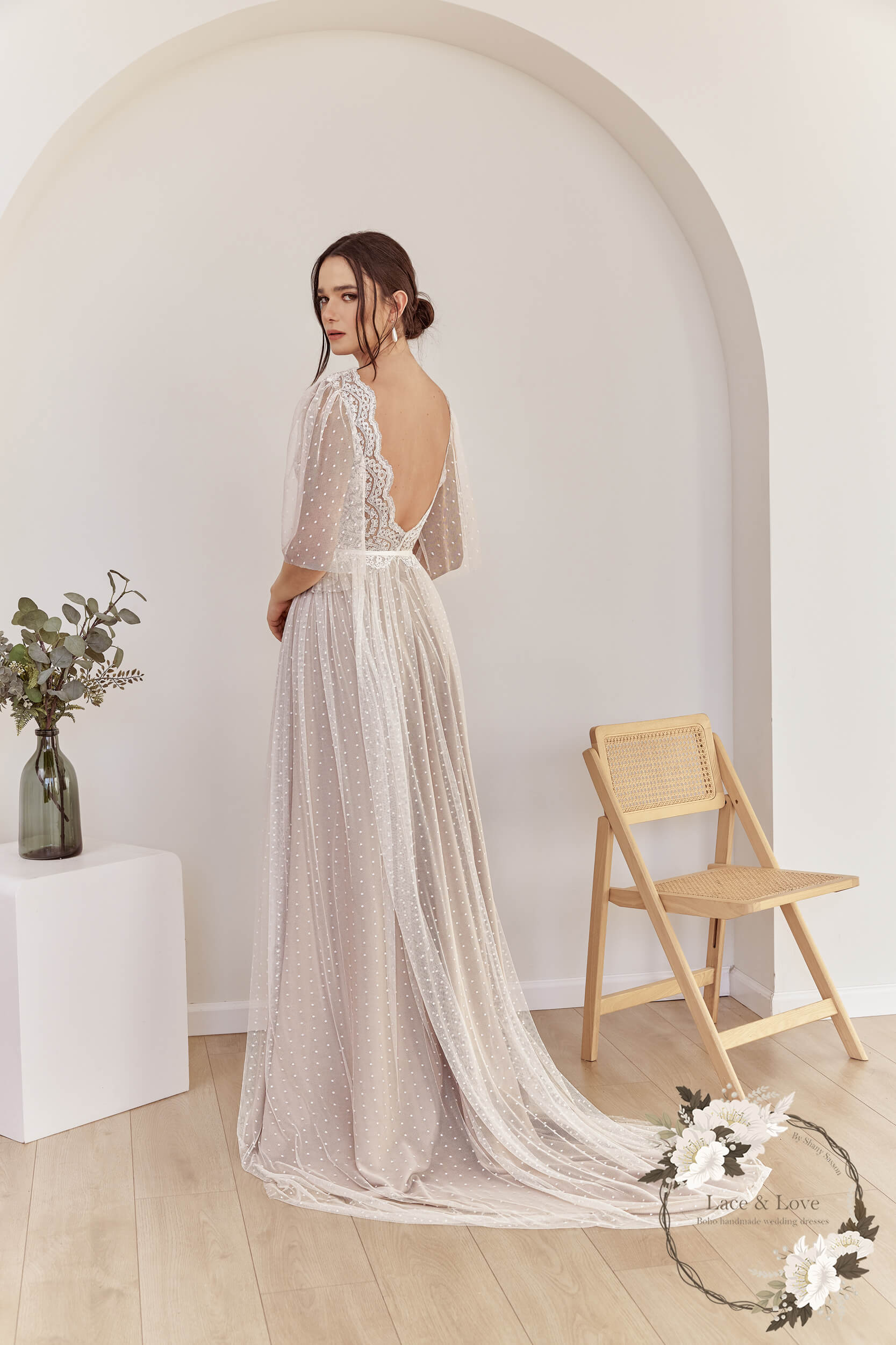 wedding dresses with lace top Two-Piece Bohemian Wedding Dress with Long Sleeve Lace Top High-Low Sh –  Viniodress main image 1