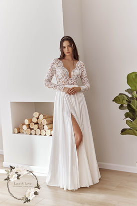 Long sleeve boho wedding dress with deep V-neckline, lace bodice and high slit - Lace & Love Brides
