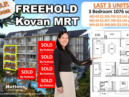 For sale Kovan Jewel Freehold3 bedrooms 1076sqft from $2,326,700