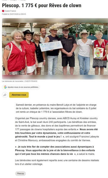 article de presse plescop country danses ouest france remise de cheque reves de clown avec abcd auray et kreiker country danses.jpg