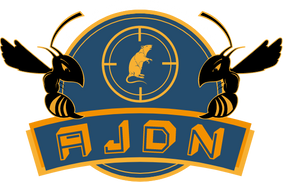 Logo AJDN – Arnold Judycki Destruction Nuisibles, entreprise de dératisation et désinsectisation, avec rat dans une cible et deux insectes ailés stylisés.