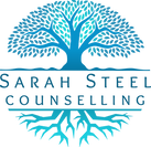 Sarah Steel Counselling logo - Blue image on a cream background of a tree with roots and the business name in the middle