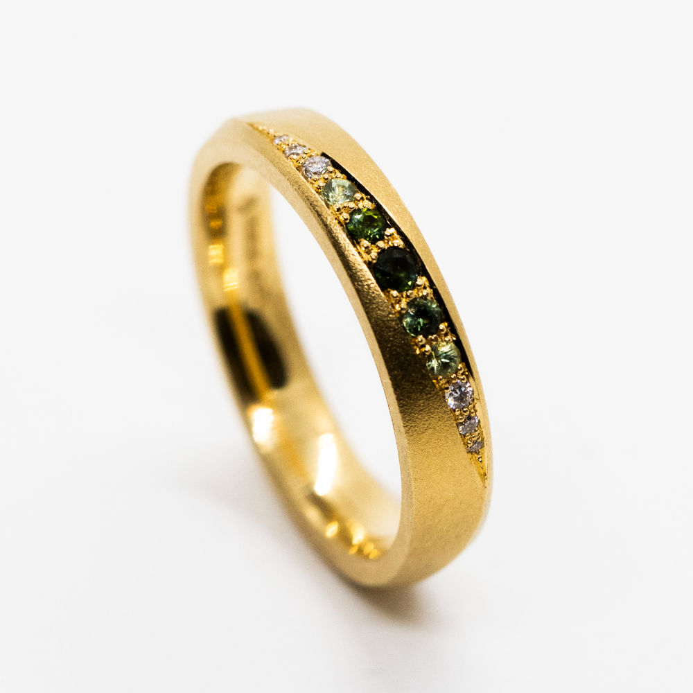 Tidal 18ct Yellow Gold, Tourmaline, Green Sapphire & Diamond Half Eternity Ring