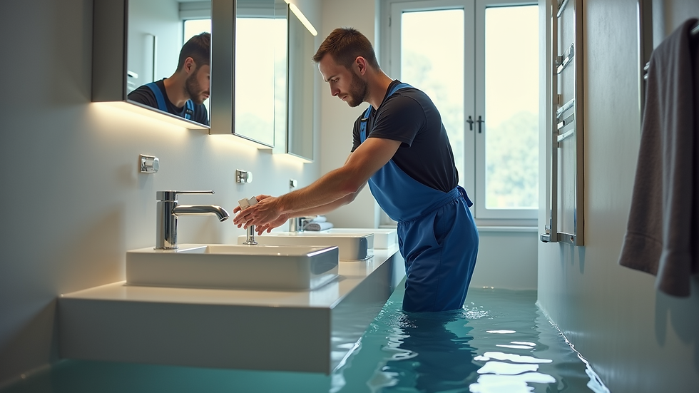 Vue en plongée d'un plombier installant un lavabo dans une salle de bain moderne