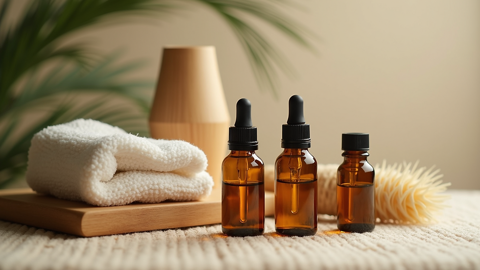 Close-up view of essential oils and massage tools arranged neatly