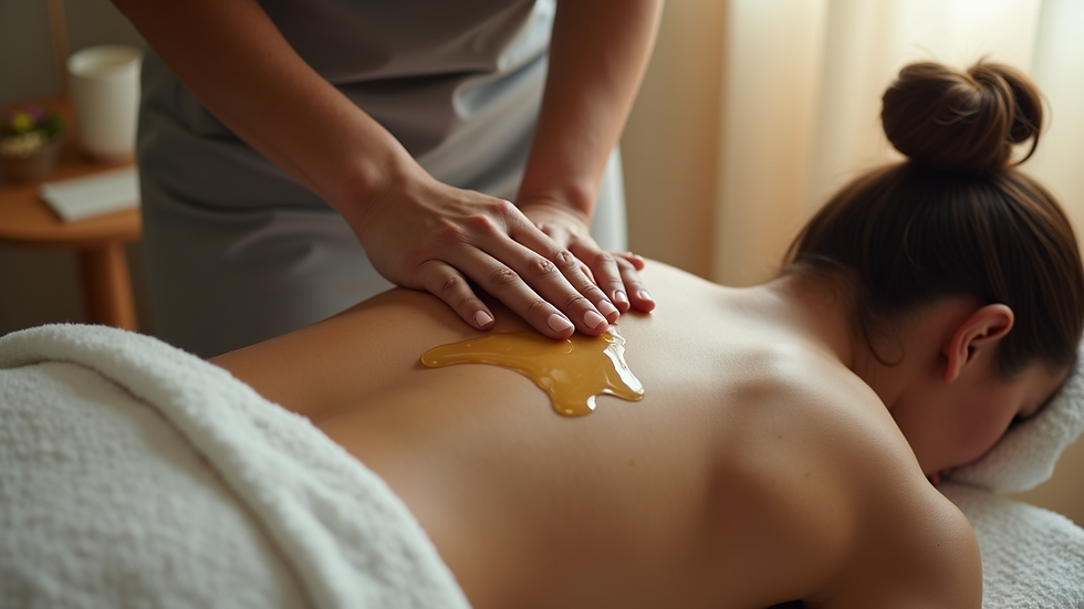 High angle view of a massage therapist applying oil on a client’s back