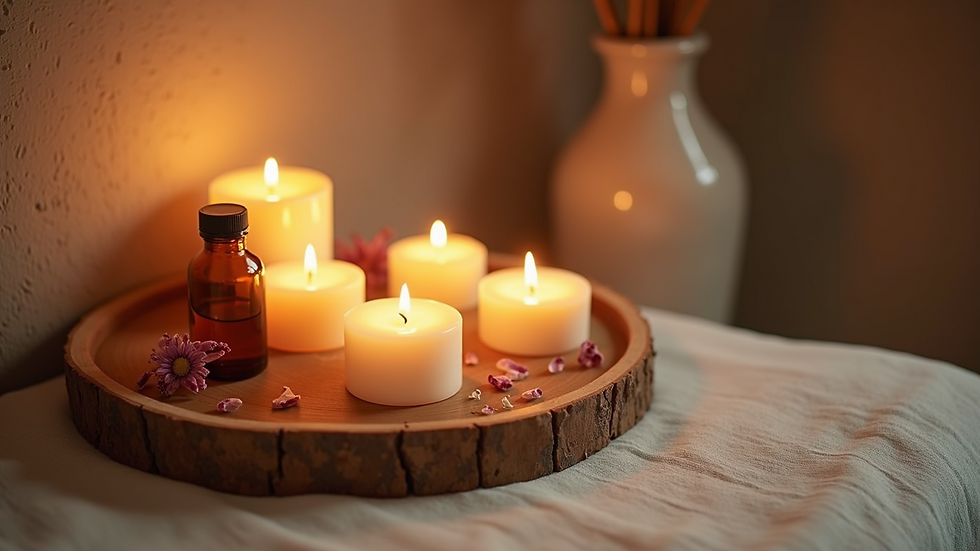 High angle view of a peaceful spa corner with candles and essential oils