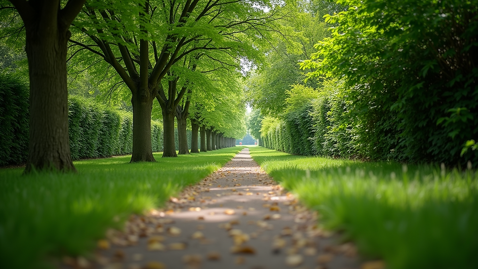 Eye-level view of a peaceful garden path surrounded by green trees