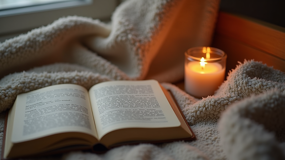 High angle view of a cozy corner with a journal, candle, and soft blanket