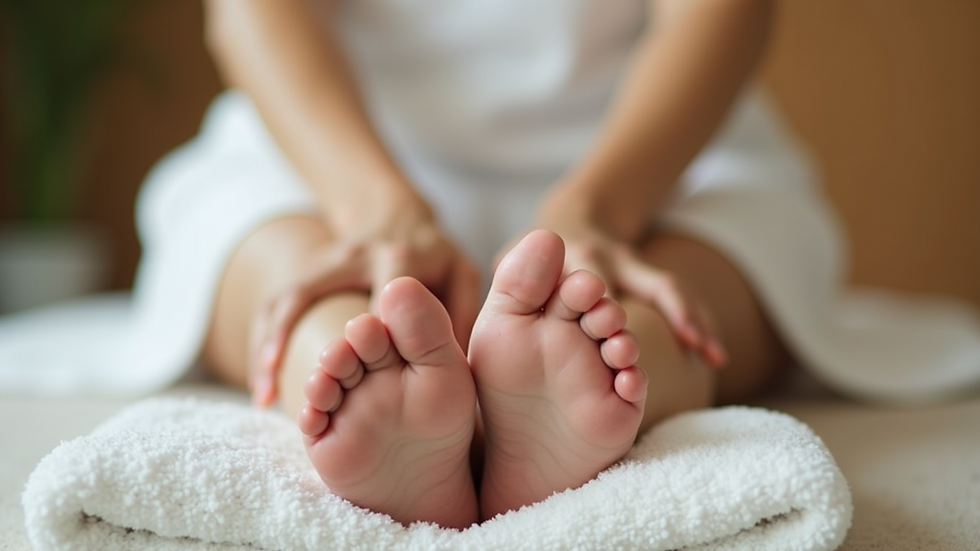 Close-up view of feet resting on a soft towel during a reflexology session