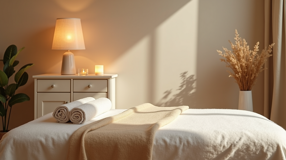 Eye-level view of a tranquil massage room with soft lighting